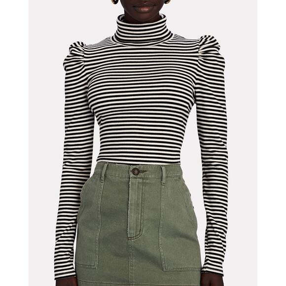Veronica Beard Cedar Striped Puff Sleeve Turtleneck Pima Cotton Quiet Luxury L - Picture 1 of 6